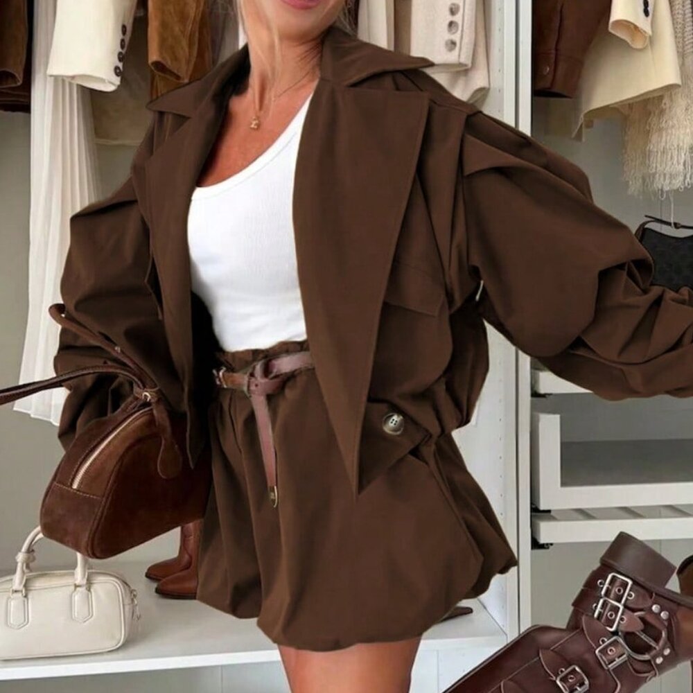 Brown Casual Women's Jacket & Pants Two Pieces Set - Picture 5 of 7
